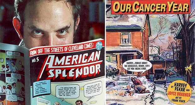 Left: Harvey Pekar with his American Splendor graphic novel. Right: "Our Cancer Year." (AP Photo/Mark Duncan/Harvey Pekar)