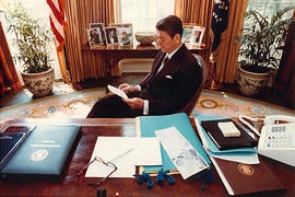 Ronald Reagan prepares a speech