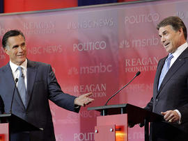Republican presidential candidates former Massachusetts Gov. Mitt Romney, left, and Texas Gov. Rick Perry answer a question during a Republican presidential candidate debate at the Reagan Library, Sept. 7, 2011, in Simi Valley, Calif.