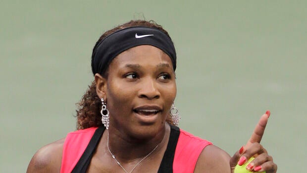 Serena Williams gestures while talking to the chair umpire Eva Asderaki during the women's championship match at the U.S. Open tennis tournament in New York, Sunday, Sept. 11, 2011.