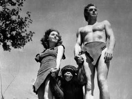 File photo shows Johnny Weissmuller as Tarzan, Maureen O'Sullivan as Jane, and Cheetah the chimpanzee, in scene from 1932 movie "Tarzan the Ape Man"
