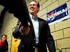Former Pennsylvania Sen. Rick Santorum arrives at a campaign rally Feb. 7, 2012, in Blaine, Minn.