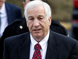 Jerry Sandusky, a former Penn State assistant football coach charged with sexually abusing boys, arrives at the Centre County Courthouse for a bail conditions hearing Feb. 10, 2012, in Bellefonte, Pa.