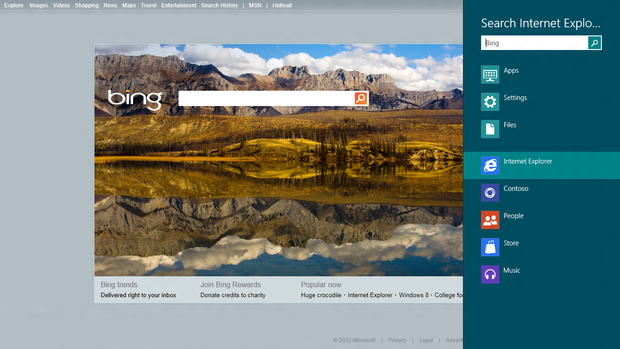 You can search your apps in Windows 8 by clicking the right-edge Search icon, or just begin typing on a keyboard from the Start screen.