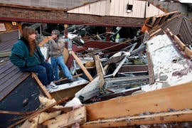 Damage is seen early Wednesday morning Feb. 29, 2012 in the town of Harveyville in Wabaunsee County Kansas after an apparent tornado passed through the town Tuesday night.
