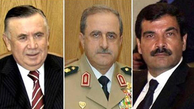 From right to left: Defense Minister General Dawood Abdullah Rajeh, Deputy Defense Minister General Asef Shawkat and head of the Crisis Cell and Assistant to Vice President Farouq al-Sharia, Major General Hassan al-Turkmani.