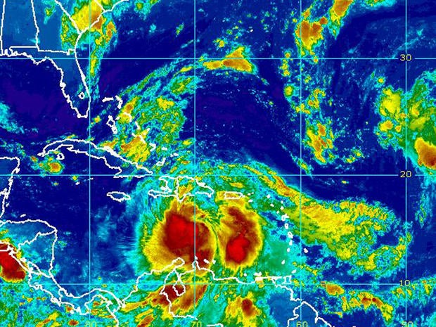 Satellite image of Tropical Storm Isaac swirling over Caribbean early Friday, Aug. 24, 2012