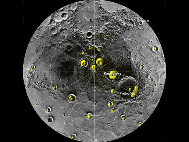 The radar image of Mercury's north polar region from Image 2.1 is shown superposed on a mosaic of MESSENGER images of the same area. All of the larger polar deposits are located on the floors or walls of impact craters.