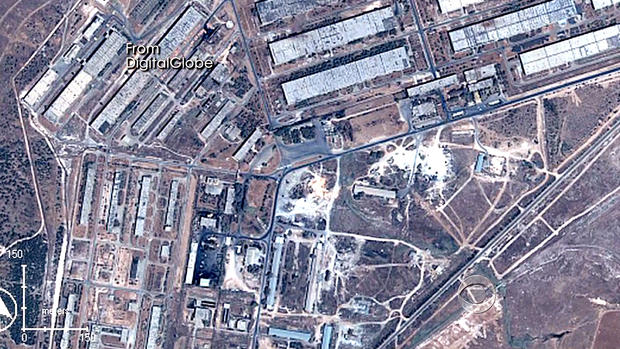 This satellite image shows one of Syria's two dozen chemical weapons bases. U.S. monitoring of these bases indicates the Assad regime has begun preparing chemical weapons use.