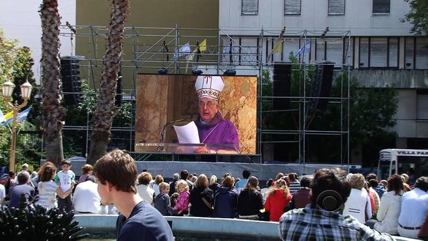Catholics and Buenos Aires spill on to the street because so many came to the city's Metropolis Cathedral