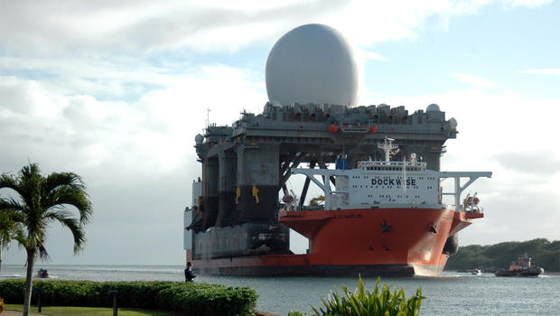 Ground-Based Midcourse Defense (GMD) sea-based radar platform arrives in Pearl Harbor aboard Heavy lift vessel Blue Marlin in January, 2006.