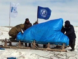 The expedition team with the body of the mammoth discovered in Siberia.