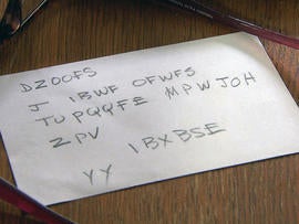 The coded message Howard Attebery sent to Cynthia Riggs.