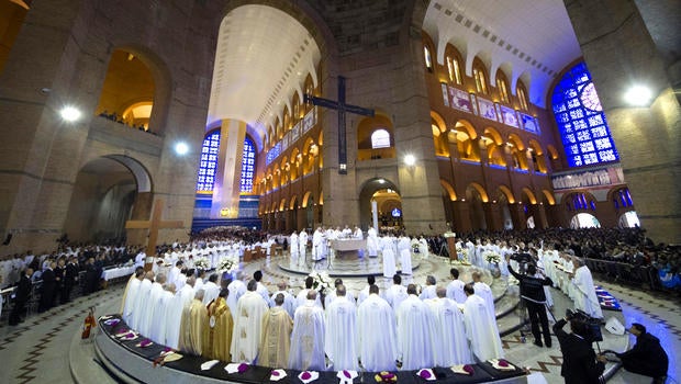 Pope Francis celebrates Mass inside the Our Lady of Aparecida Basilica in Aparecida, Brazil, Wednesday, July 24, 2013. Pope Francis is on the third day of his trip to Brazil where he will attend the 2013 World Youth Day in Rio.