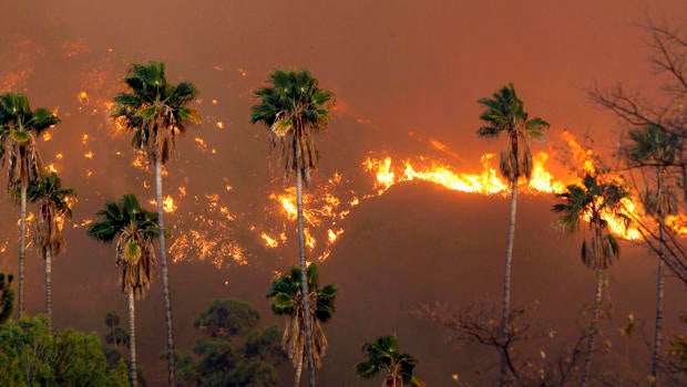 A wildfire burns in the hills just north of the San Gabriel Valley community of Glendora, Calif., Jan 16, 2014.