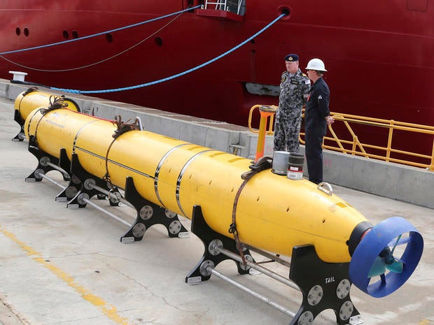 A towed pinger locator sits on the wharf ready to be fitted to the Australian ship Ocean Shield to aid in her roll in the search for missing Malaysia Airlines Flight 370 in Perth