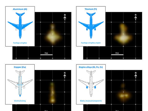 A graphic from GeoResonance shows images depicting underwater "anomalies" suggesting deposits of various metals in the approximate formation of a passenger airliner