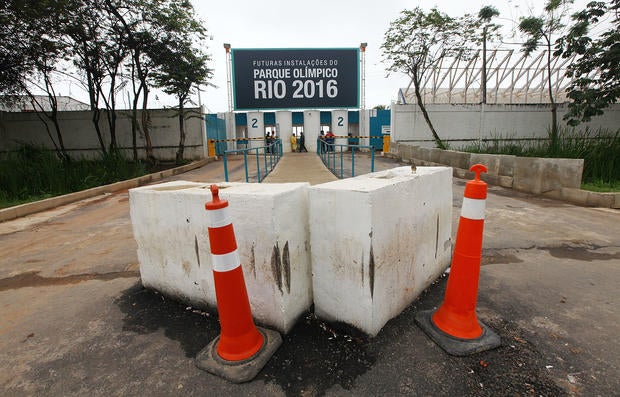 Cones and barricades sit at the entrance to Olympic Park, the primary set of venues being built for the Rio 2016 Olympic Games