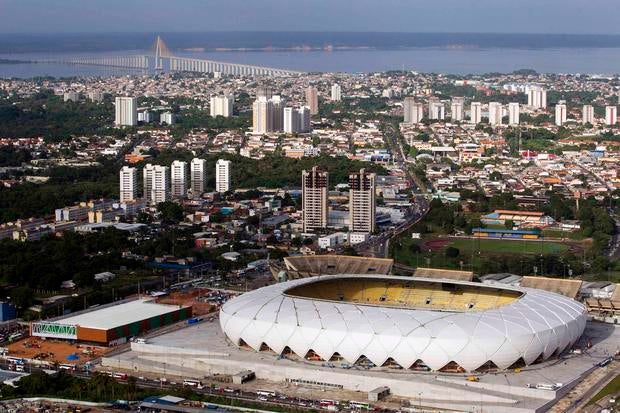 The Arena Amazonia soccer stadium is seen in this aerial view taken two days before its scheduled inauguration in Manaus