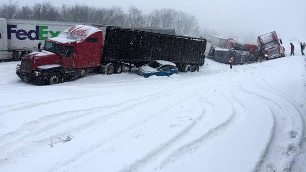 Crews work the scene after a massive deadly pileup on Interstate 78 in central Pennsylvania Feb. 13, 2016.