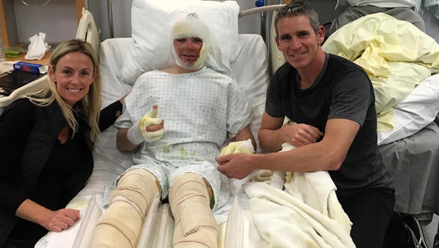 Parents Amber and Court Empey visit their son, Joseph Empey, who was wounded in the terrorist attacks in Brussels, Belgium.