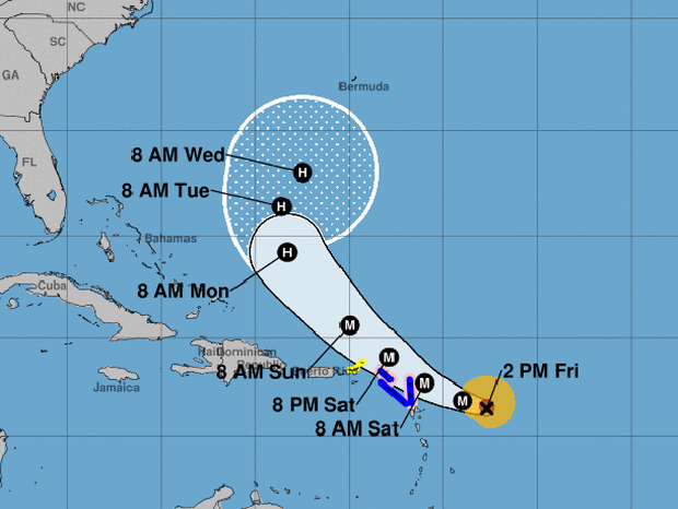A map from the National Hurricane Center shows Hurricane Jose's projected path as of 2 p.m. ET on Sept. 8, 2017. 