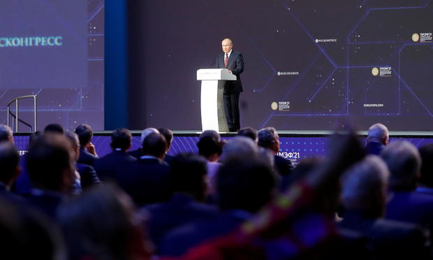 Russian President Putin delivers a speech during a session of the St. Petersburg International Economic Forum 