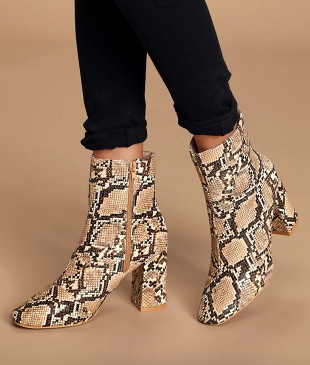 My Generation tan snake high-heel mid-calf boots 
