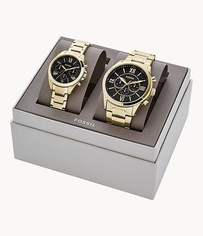 His and her chronograph gold-tone stainless steel watch gift set 