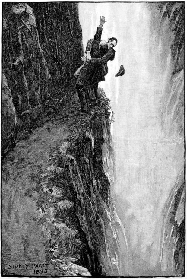 Arthur Conan Doyle The Adventure of the Final Problem Strand Magazine, London, 1893. Illustrated by Sidney E. Paget (1860-1908), the first artist to draw Sherlock Holmes. Death of Holmes and Professor Moriarty plunge over the edge of the Reichenbach Falls 