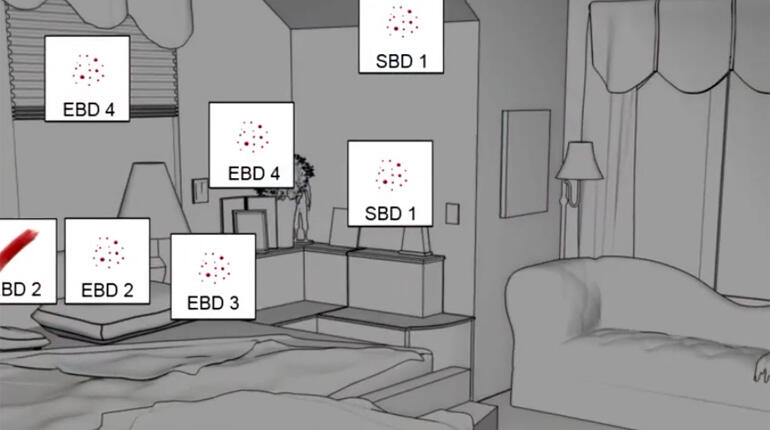 Diagram of blood spatter on the south wall of the master bedroom.