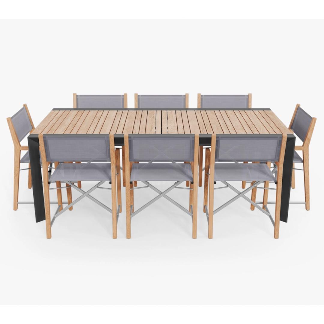 Teak and aluminum outdoor extendable dining table and 8 director's chairs 