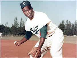 Jackie Robinson #42 of the Brooklyn Dodgers