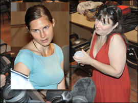 Edda Mellas, mother of murder suspect Amanda Knox (insert), speaks to journalists inside the courtroom in Perugia, Italy, Saturday, June 20, 2009.