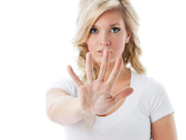 reject, refuse, deny, say no, saying no, no, stock, 4x3, woman, blonde, hand up