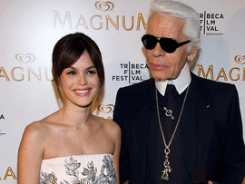 Rachel Bilson and Karl Lagerfeld arrive at the Tribeca Film Festival in New York, Thursday, April 21, 2011.