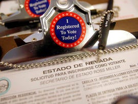 A Spanish version of a Nevada voter registration form is seen in Las Vegas Aug. 22, 2008. With immigration slowing, babies born in the U.S., rather than newly arrived Mexican immigrants, are now driving most of the fast growth in the Latino population. A Pew Hispanic Center study released July 14, 2011, highlights a turning point in Hispanics' rapid U.S. growth. Demographers point to the potential for broader political impact as U.S.-born Mexican-Americans widen their numbers over non-citizen, foreign-born counterparts, who have no voting rights.