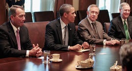 WASHINGTON, DC - JULY 14: Speaker of the House John Boehner (R-OH), President Barack Obama, Senate Majority Leader Harry Reid (D-NV) and Senate Minority Leader Mitch McConnell (R-KY) sit down with other administration officials and members of Congress for a meeting in the Cabinet Room at the White House July 14, 2011 in Washington, DC. Obama and the Congressional leaders are working to strike a deal to raise the debt limit while controlling spending in the federal budget.