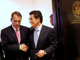 House Speaker John Boehner of Ohio, left, shakes hands with House Majority Leader Eric Cantor of Virginia as they leave a news conference on Capitol Hill in Washington Aug. 1, 2011.