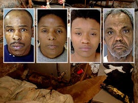 The dank basement room in Philadelphia where Gregory Thomas, Linda Ann Weston, Jean McIntosh and Eddie Wright, inset from left to right, allegedly held captive four weak and malnourished mentally disabled adults is seen Oct. 17, 2011.