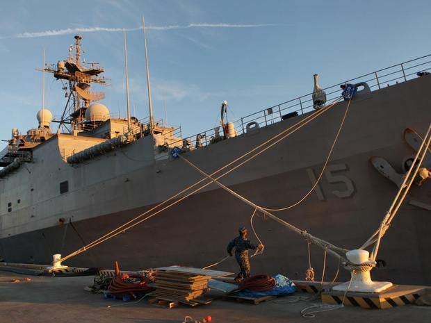 The amphibious assault ship Ponce is seen in this Dec. 2, 2011 file photo. The ship had arrived at Norfolk Naval Station to be decommissioned after a 40-year career. But reports are now coming it that it might be sent to the Mideast as a floating base for commando operations.