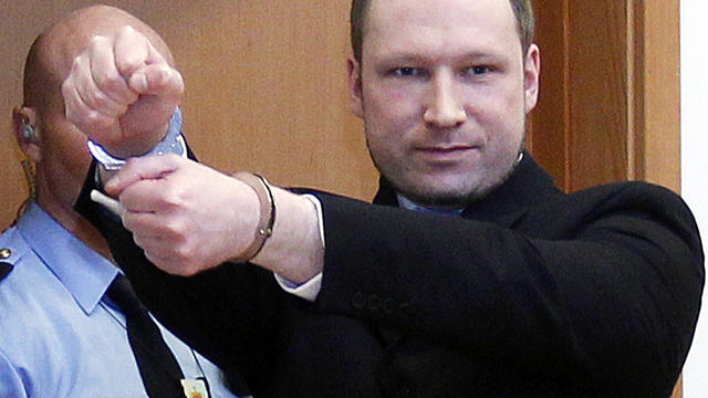 Anders Behring Breivik, a right-wing extremist who confessed to a bombing and mass shooting that killed 77 people, arrives for a detention hearing at a court in Oslo, Norway, Feb. 6, 2012. 