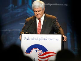 Former Speaker of the House Newt Gingrich speaks during a campaign stop at the Pennsylvania Leadership Conference March 24, 2012, in Camp Hill, Pa.