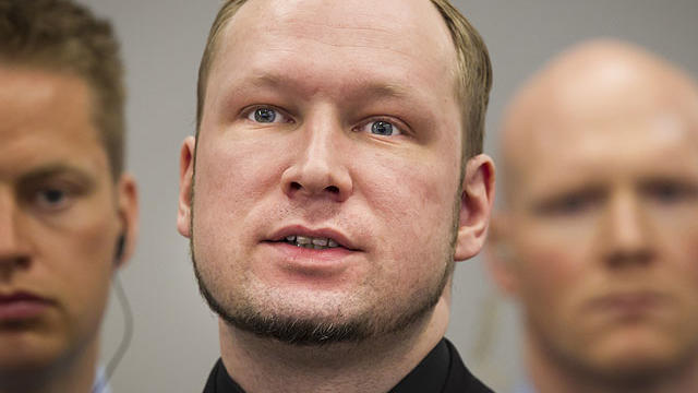 Defendant Anders Behring Breivik, centre, in court at the start of the 5th day of his mass killing trial in Oslo, Norway, April 20, 2012.  
