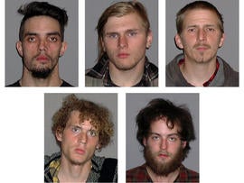 Photos provided by the FBI show, from top left, Douglas Wright, Brandon Baxter and Anthony Hayne and, from bottom left, Joshua Stafford and Connor Stevens, all of whom were arrested April 30, 2012, and accused of plotting to blow up a bridge near Cleveland.