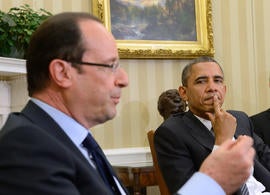 President Barack Obama meets with French President Francois Hollande in the Oval Office at the White House in Washington, Friday, May 18, 2012.