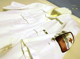 A shirt from one of the first responders to the Aug. 1, 2007 Interstate 35W bridge collapse in Minneapolis is part of the collection of artifacts at the Minnesota History Center.