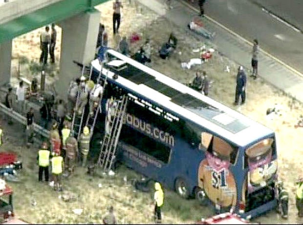 A Megabus crashed into a concrete bridge pillar Thursday afternoon after blowing a tire, Illinois state police said.
