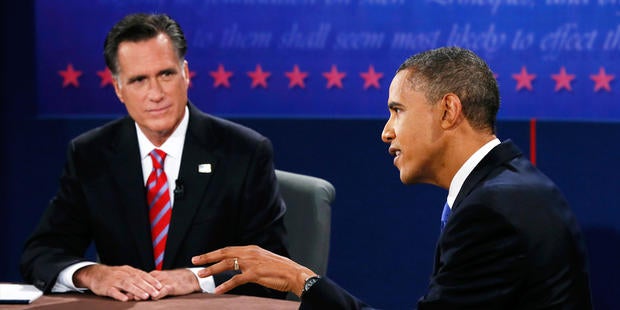 Republican presidential nominee Mitt Romney listens to President Barack Obama speak during the third presidential debate at Lynn University, Monday, Oct. 22, 2012, in Boca Raton, Fla.