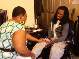 Ondelee Perteet was 14 when he was shot in the face by a 15-year-old during a fight in 2009. His mother, Deetreena Perteet, has been his full-time caregiver.